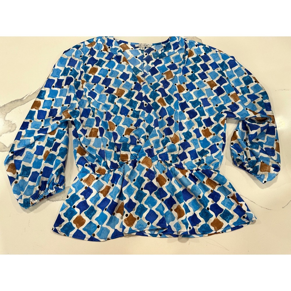 Nic+Zoe Blue Abstract Geometric Peplum Blouse Surplice V-Neck Top M